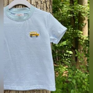 NWOT Light Blue Boys Striped Short-Sleeve Tee with Yellow Bus Embroidered